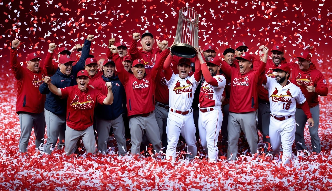 A group of Cardinals managers and coaches celebrating with the World Series trophy amidst a sea of red and white confetti