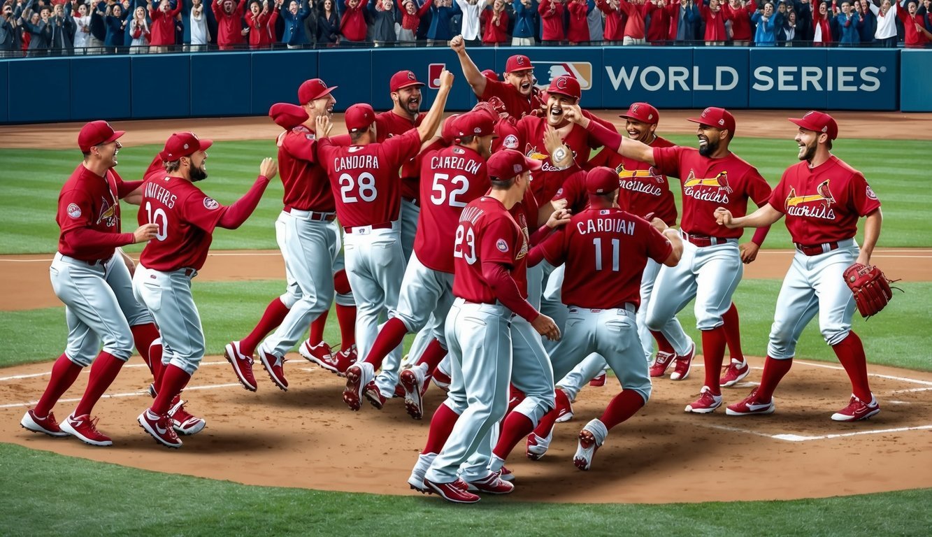 A group of cardinals celebrating on the baseball field after winning the World Series