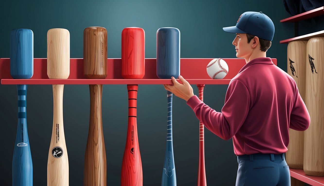 A person comparing different baseball bats of varying weights on a display rack