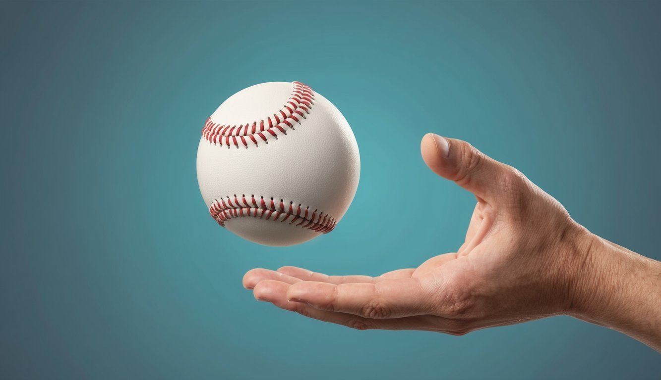 A baseball floating mid-air, spinning erratically, with a hand releasing it, illustrating the technique of throwing a knuckleball