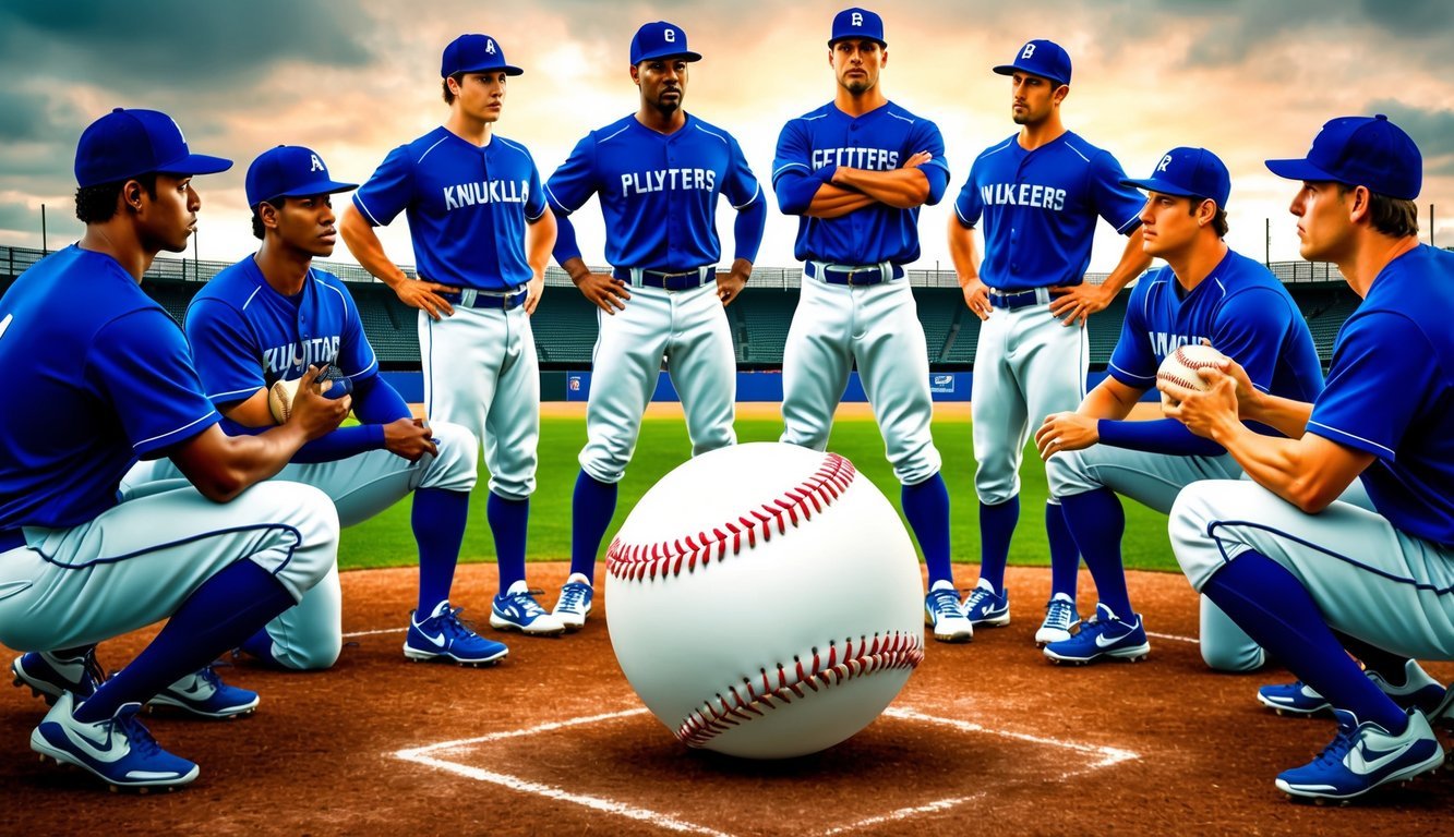 A baseball sitting on a mound, surrounded by focused players and coaches discussing strategy and mental preparation for throwing a knuckleball