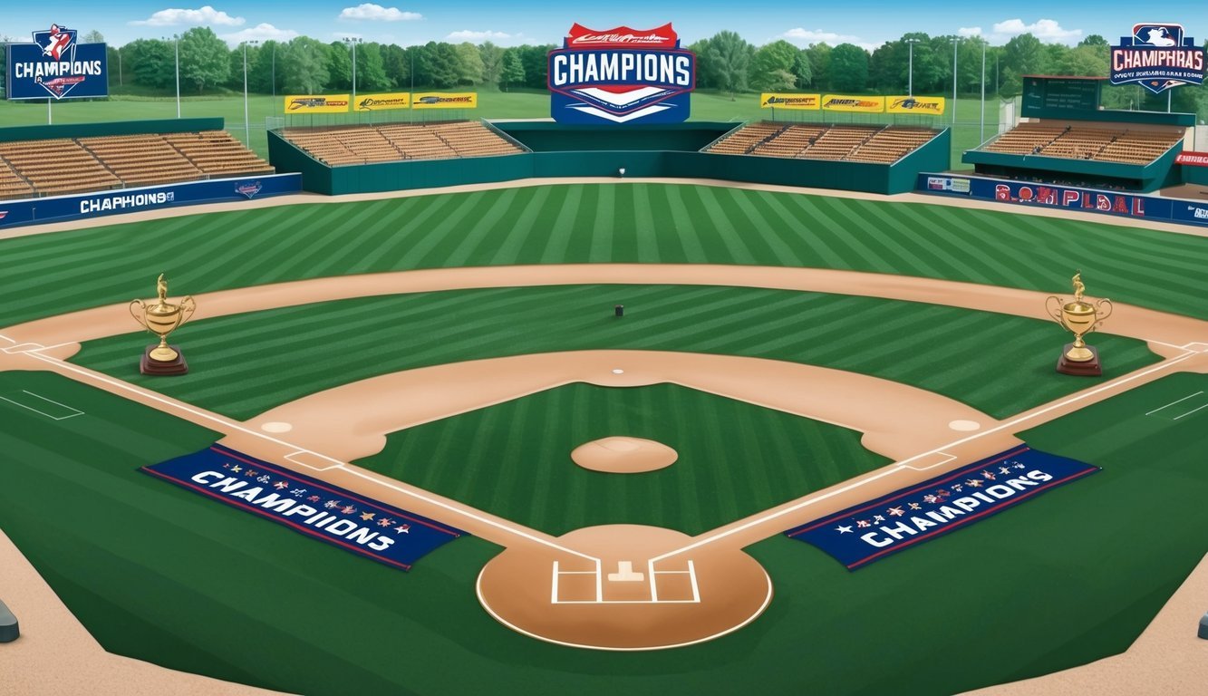 A baseball field with championship banners and trophies displayed