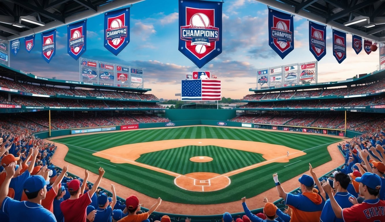 Baseball stadium with fans, banners, and an American flag on the scoreboard