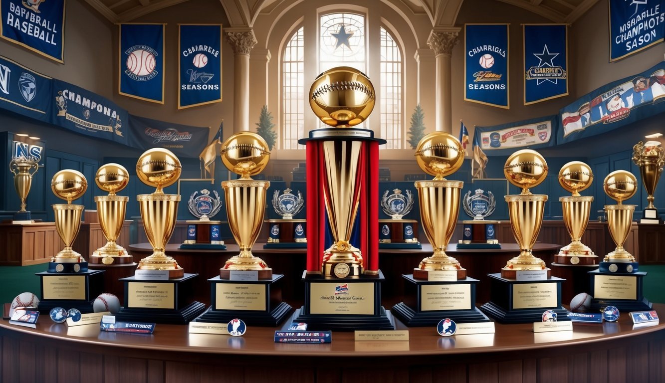 Baseball trophies displayed in a grand hall, surrounded by banners and memorabilia from memorable championship seasons