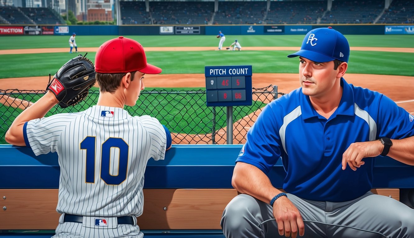 A young baseball pitcher resting on the bench with a coach monitoring pitch count