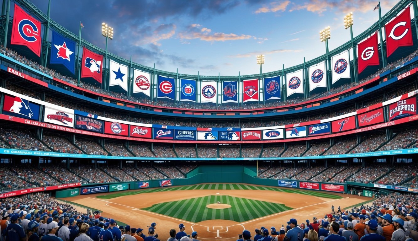 A crowded baseball stadium with banners of the most notable MLB franchises lining the walls, symbolizing their numerous championship victories