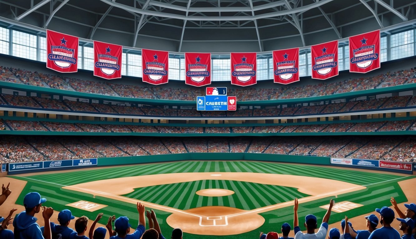 A baseball field with multiple championship banners hanging from the stadium rafters, surrounded by cheering fans