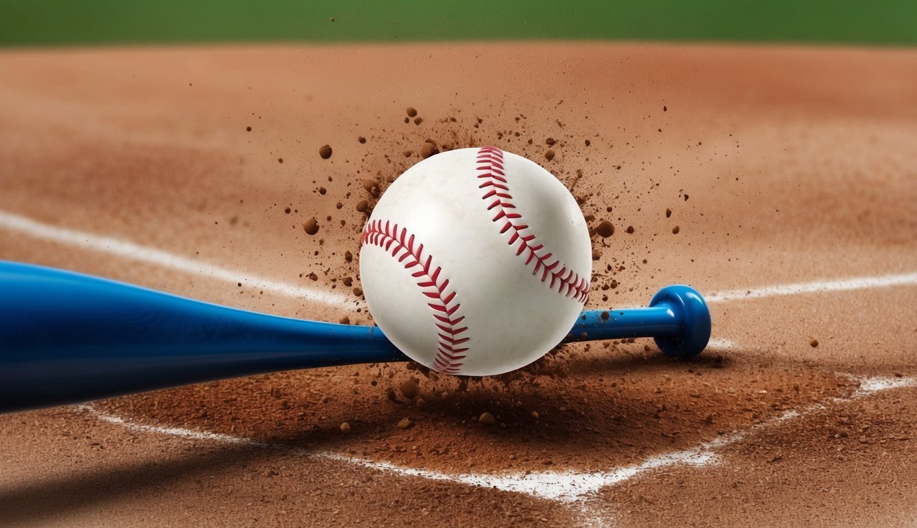 Baseball being hit by a blue bat, with dirt flying in the air