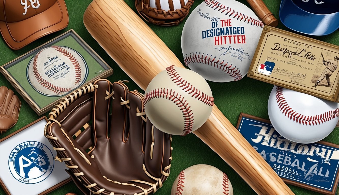 A baseball bat, ball, and glove surrounded by vintage and modern baseball memorabilia, showcasing the history and evolution of the designated hitter in baseball