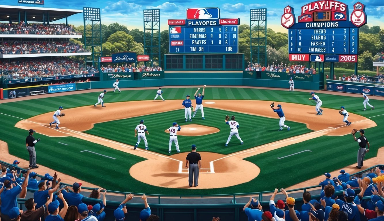 Baseball game in progress, players on the field, scoreboard, and cheering fans
