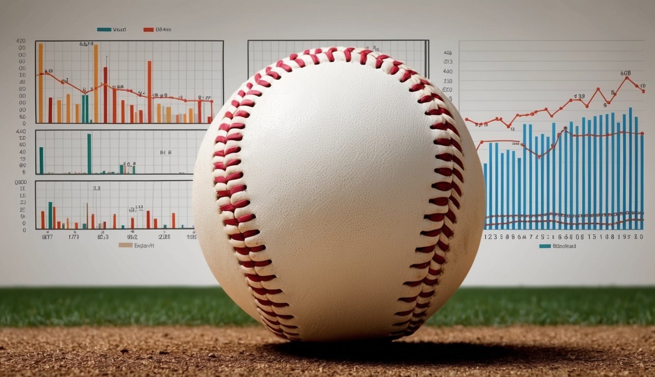 A baseball with statistical graphs and charts in the background