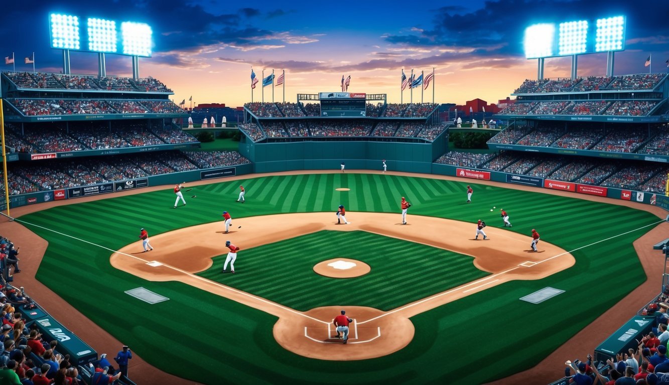 A baseball diamond with players in action, surrounded by cheering fans and illuminated by stadium lights