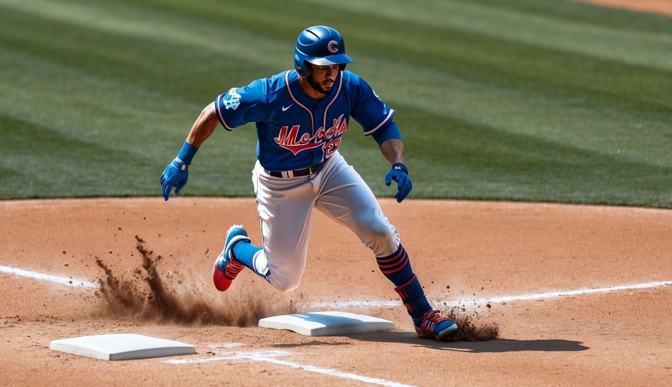 Baseball player sliding into base, kicking up dirt, wearing blue uniform