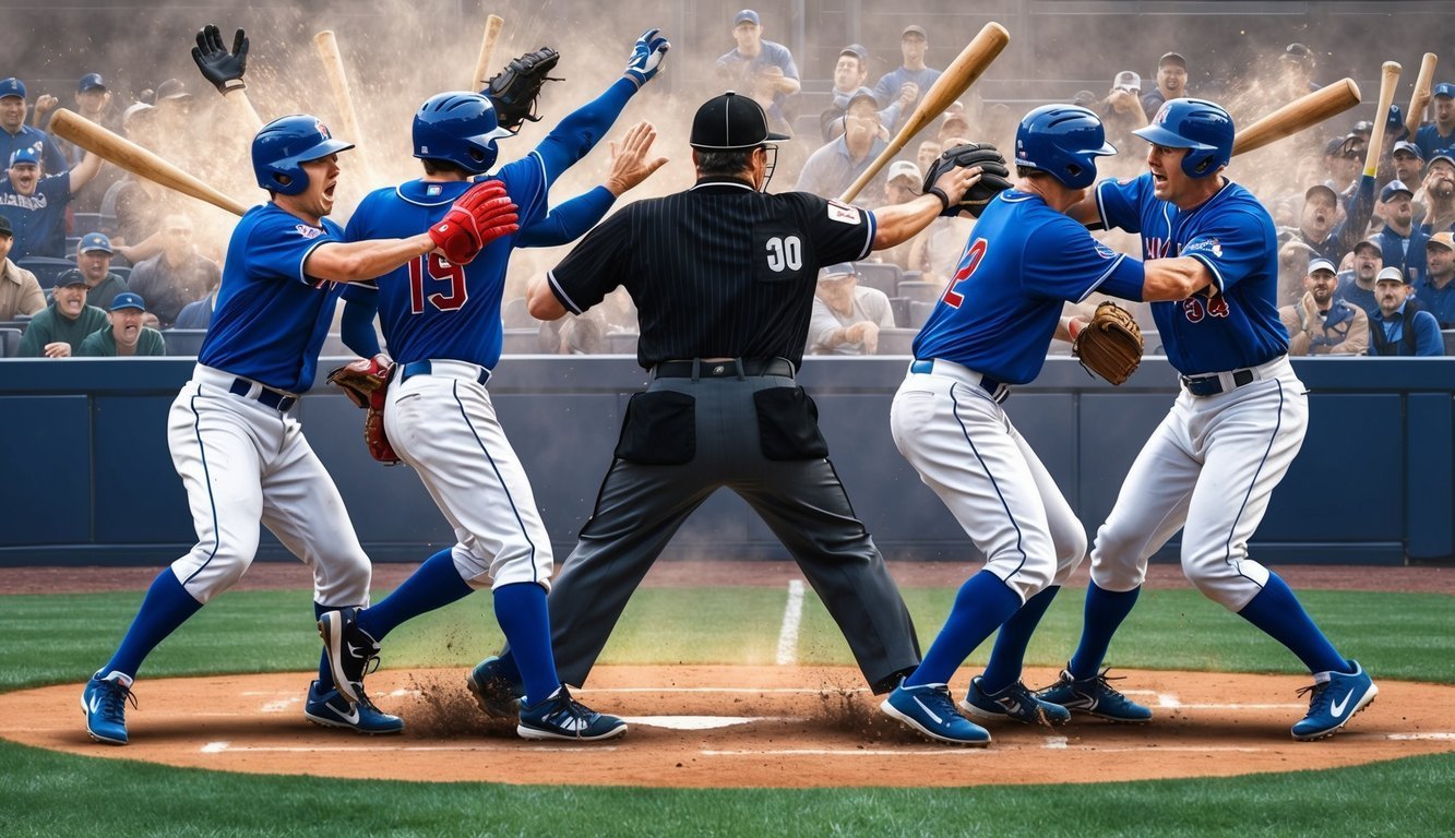 Baseball players in blue uniforms, umpire, and flying bats in action