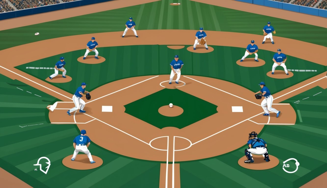 A baseball field with players shifting positions strategically based on the batter's tendencies