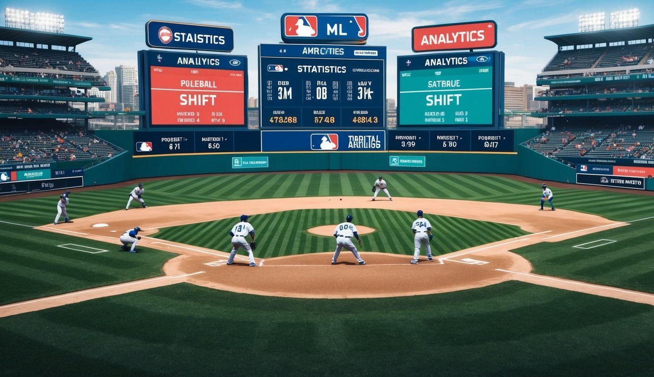 A baseball field with players positioned in a strategic mlb shift, while statistics and analytics data is displayed on digital screens in the background