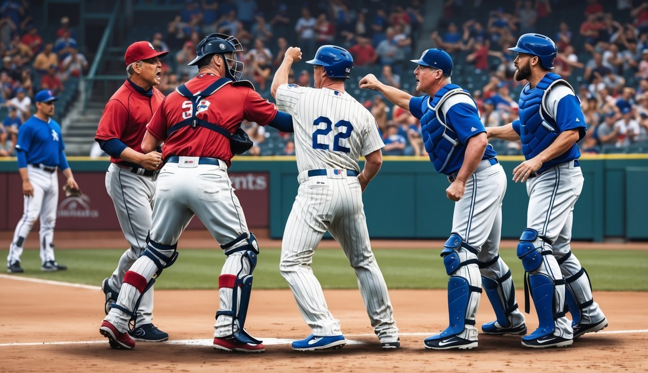 Baseball players and managers engage in a heated confrontation on the field