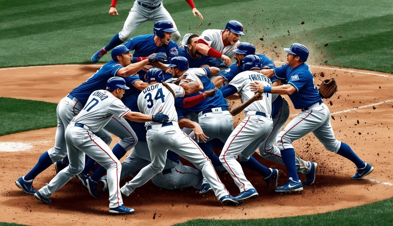 A chaotic baseball brawl erupts on the field, players clashing and shoving in a frenzy of aggression