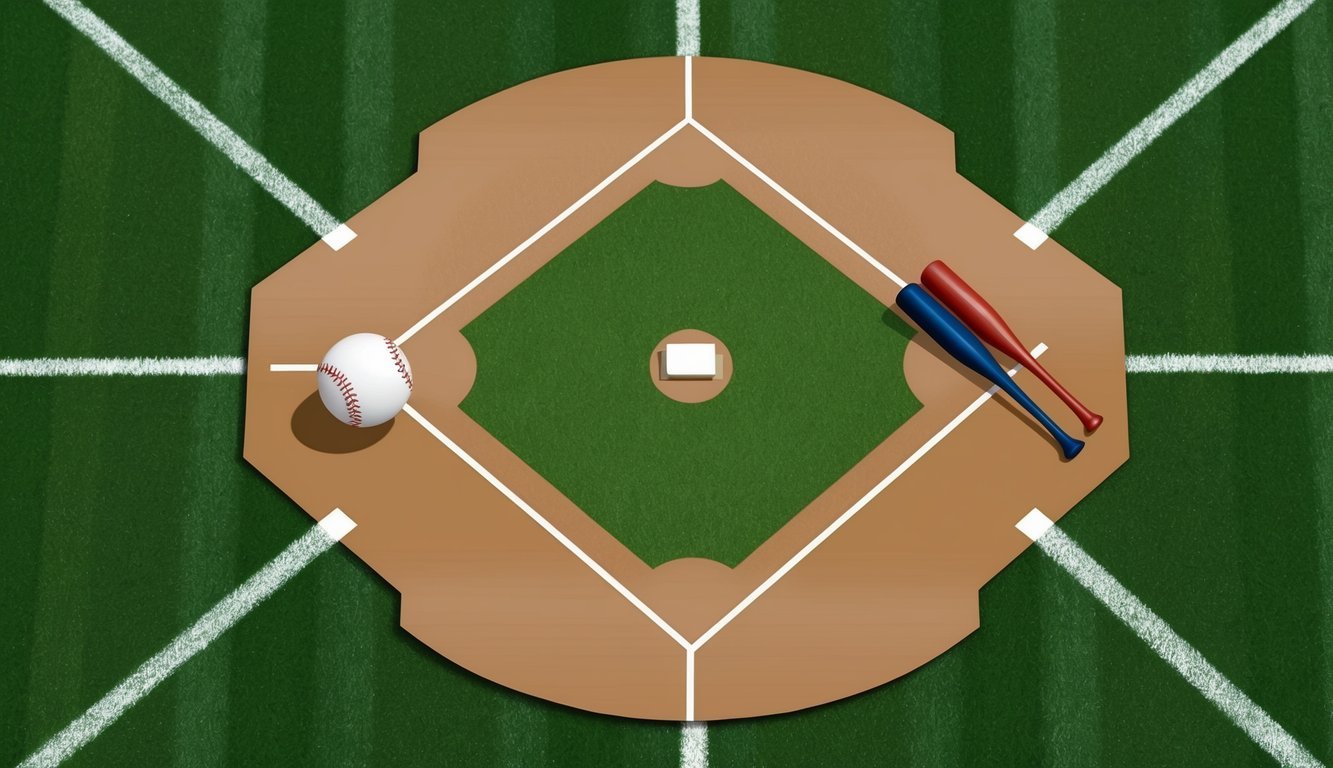 A baseball home plate set on a manicured field, with chalk lines marking the boundaries and a bat and ball nearby