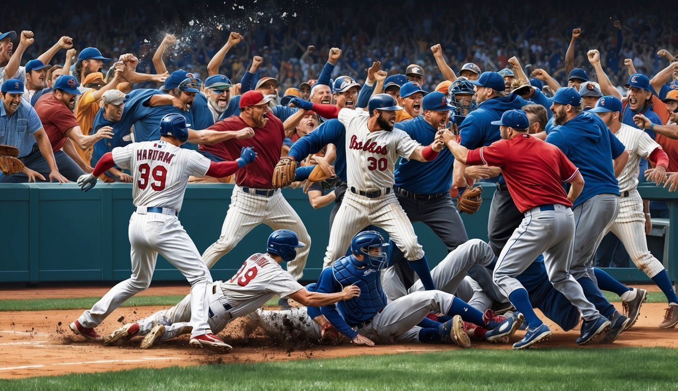 Baseball players and fans clash on the field, fists flying and bodies tangled in a chaotic brawl