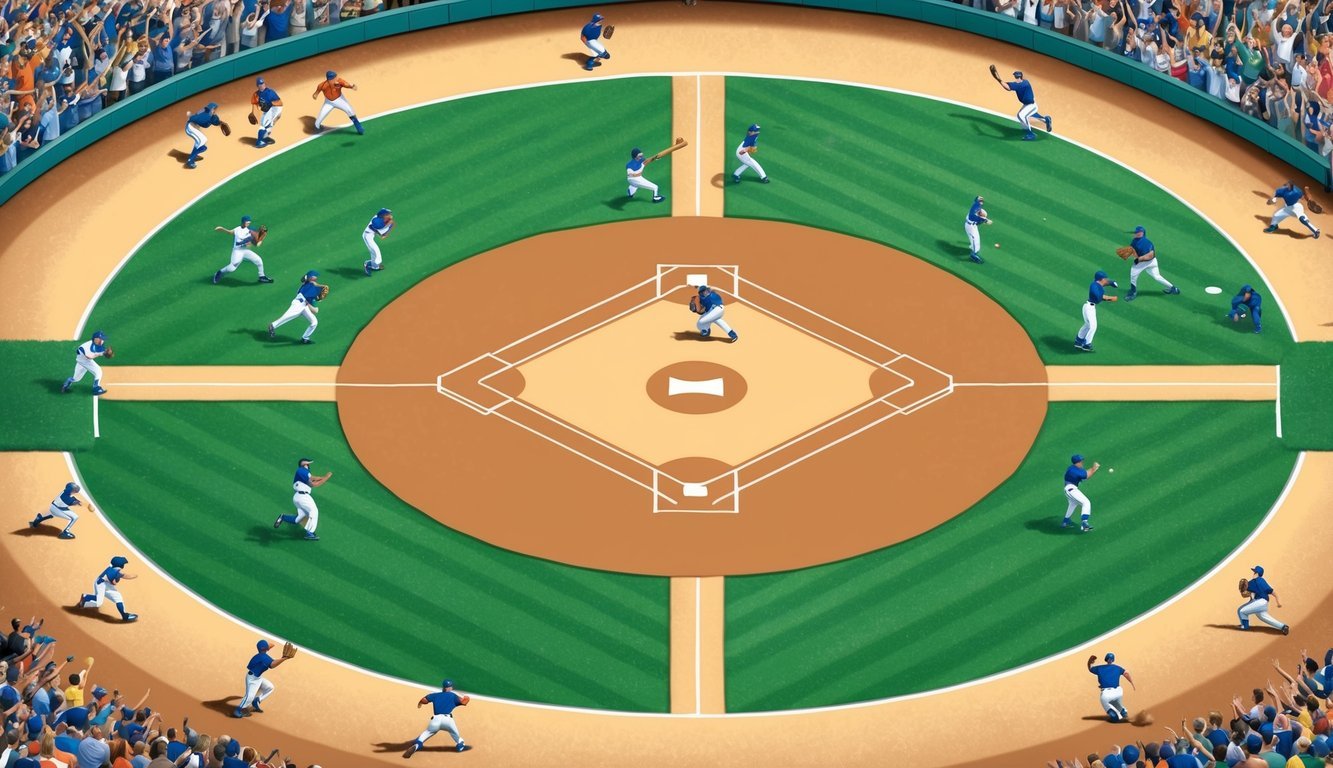 A baseball diamond with home plate at the center, surrounded by cheering fans and players in action, showcasing the cultural impact of the game