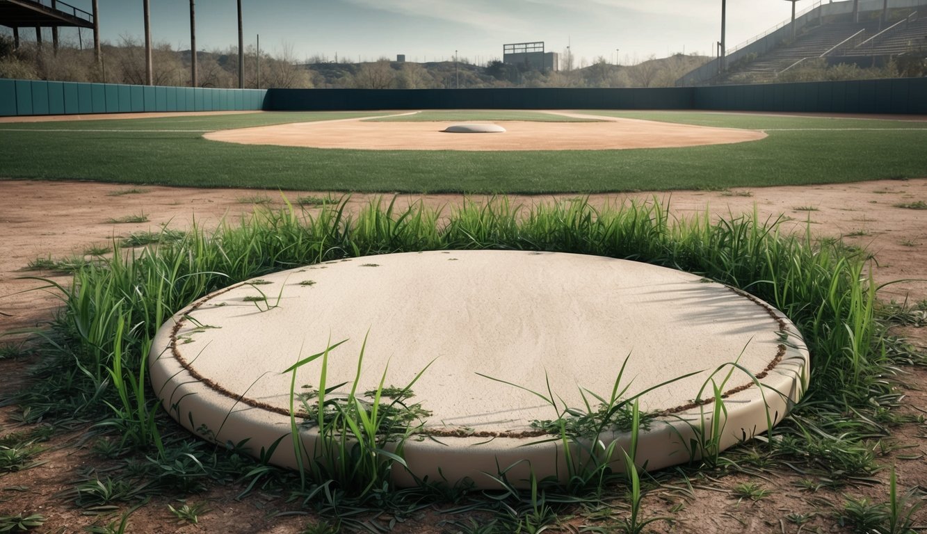 A baseball home plate surrounded by overgrown grass and weeds, with a backdrop of a deserted and decaying ball field