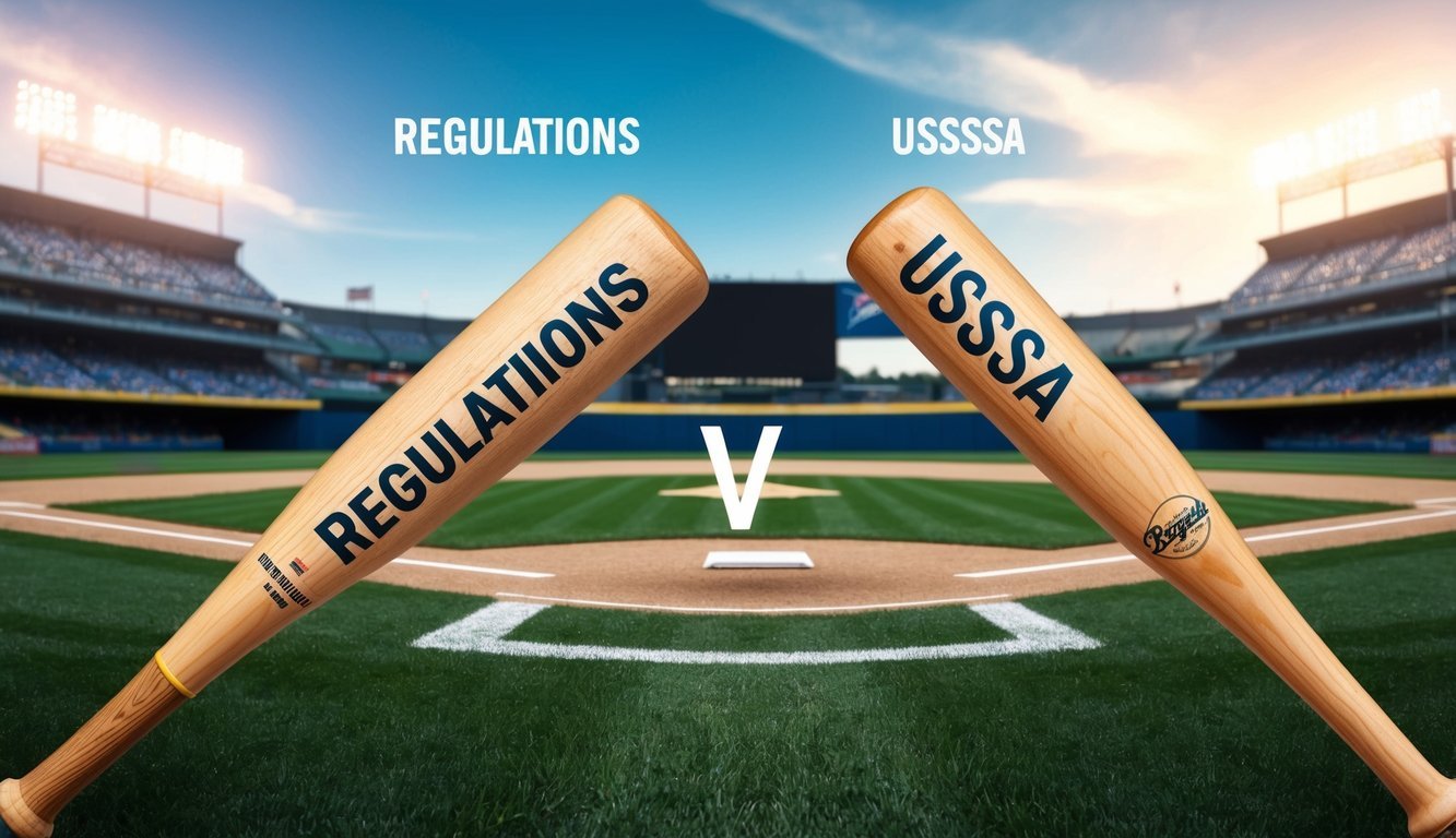 Two baseball bats, one labeled "Regulations" and the other "USSSA," displayed side by side with a backdrop of a baseball field