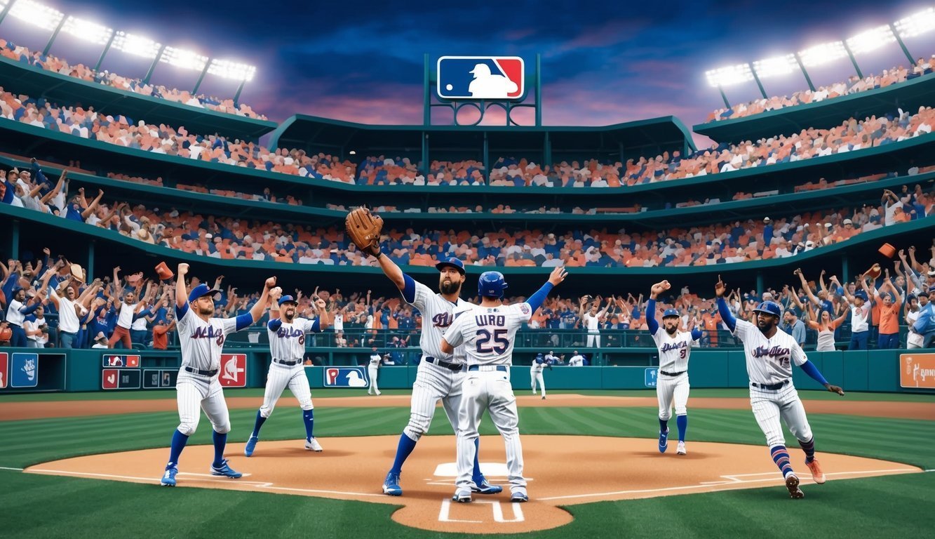Baseball players celebrating a victory on the field, with cheering fans in the stands
