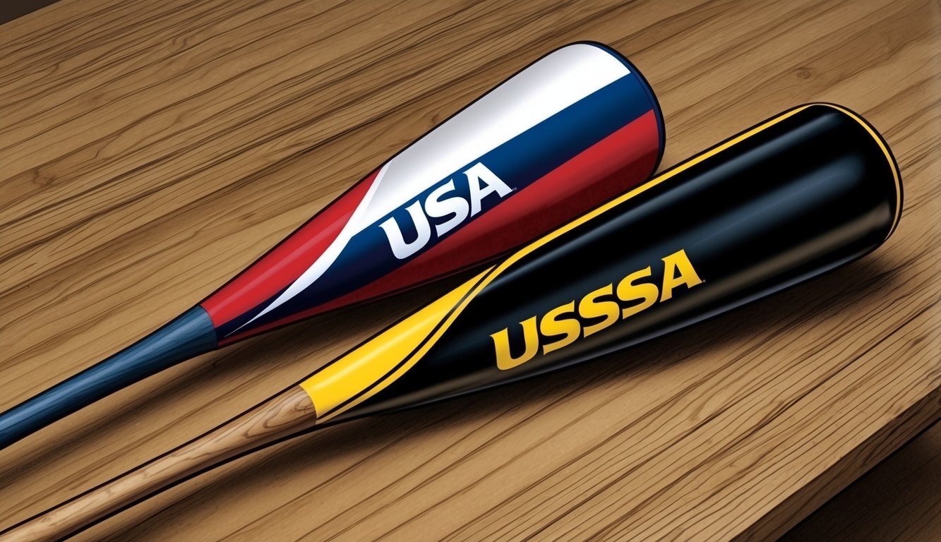 Two baseball bats, one labeled "USA" and the other "USSSA," side by side on a wooden table.</p><p>The USA bat has a red, white, and blue color scheme, while the USSSA bat is predominantly black with yellow accents