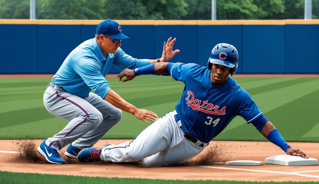 A baseball player sliding into a base during a training session, with a coach demonstrating proper sliding technique