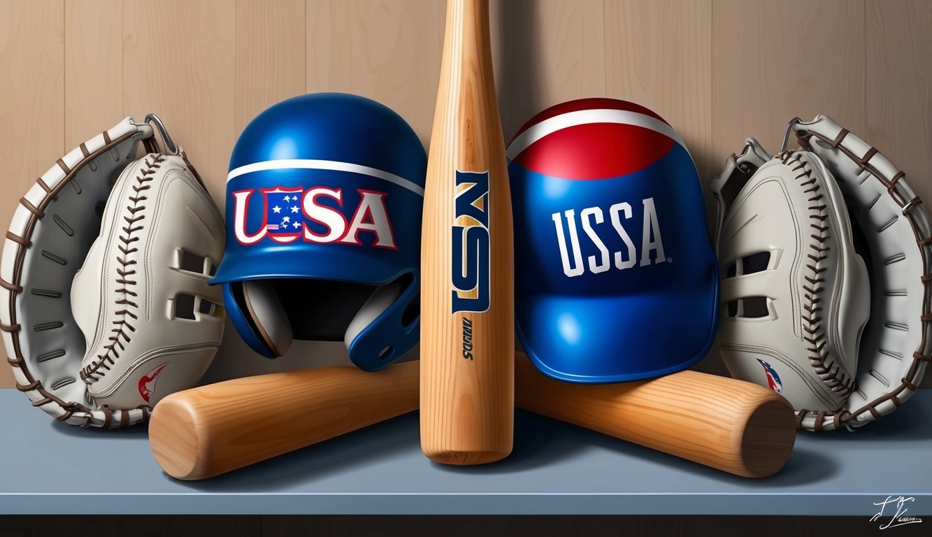 A bat labeled "USA" and another labeled "USSSA" sit side by side on a shelf, surrounded by baseball gloves and helmets