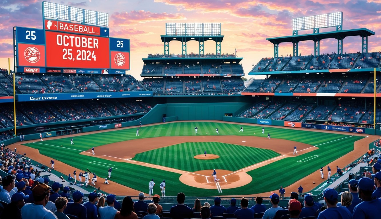 A crowded baseball stadium with players on the field, fans in the stands, and the date "October 25, 2024" displayed on the scoreboard