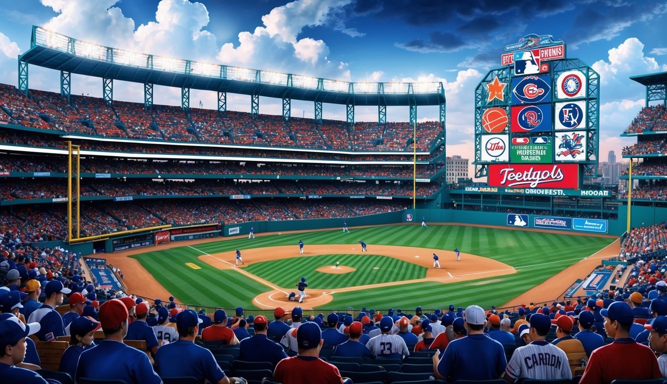 A crowded baseball stadium with players on the field, fans in the stands, and teams' logos displayed on the scoreboard