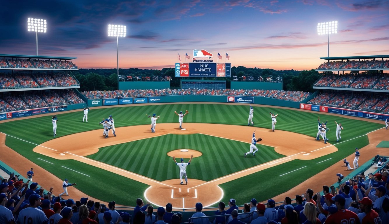 A baseball field at dusk, with the crowd cheering as the winning team celebrates on the field, while the losing team looks dejected in the dugout