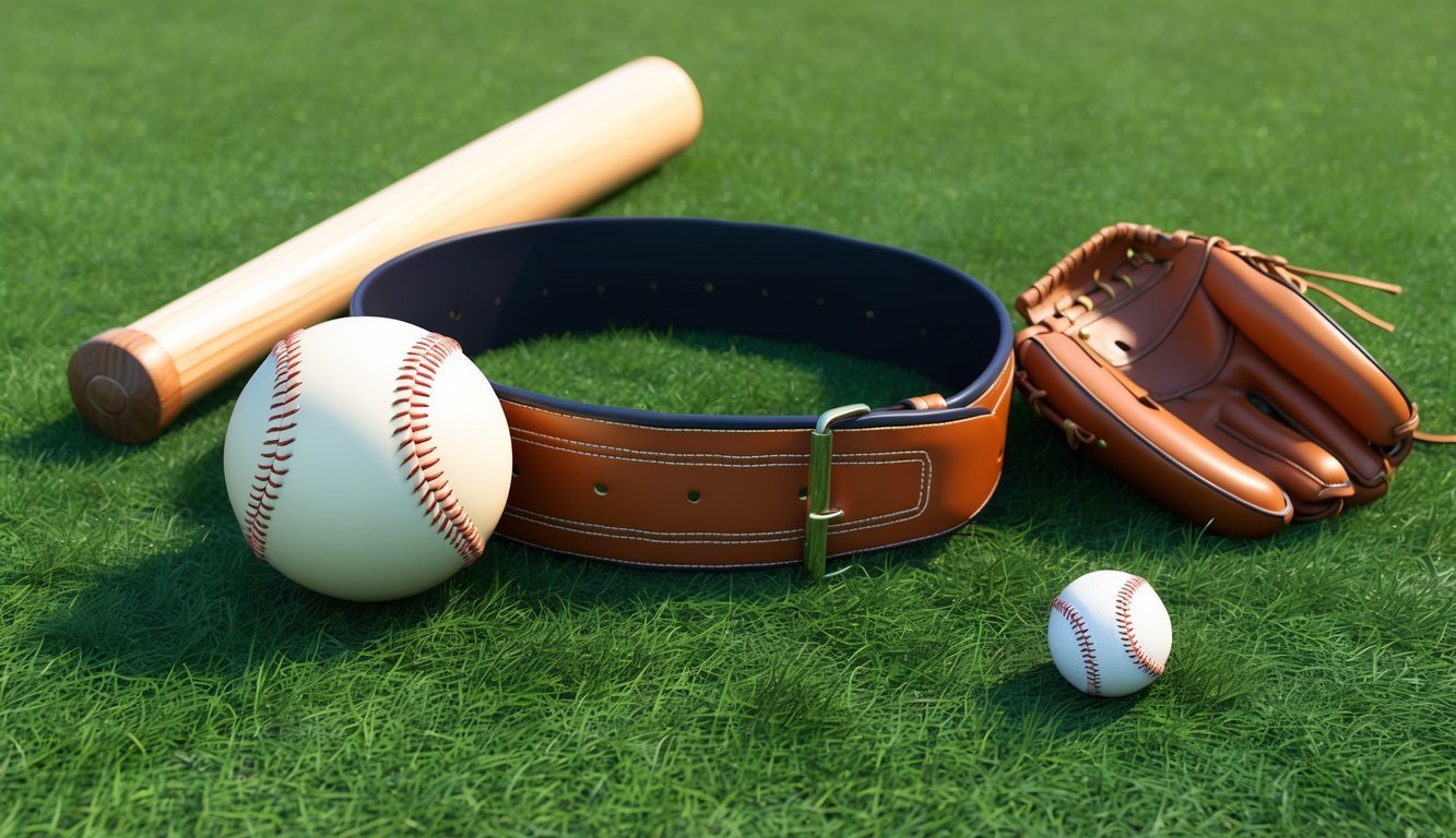 Baseball equipment including bat, glove, belt, and two baseballs on green grass