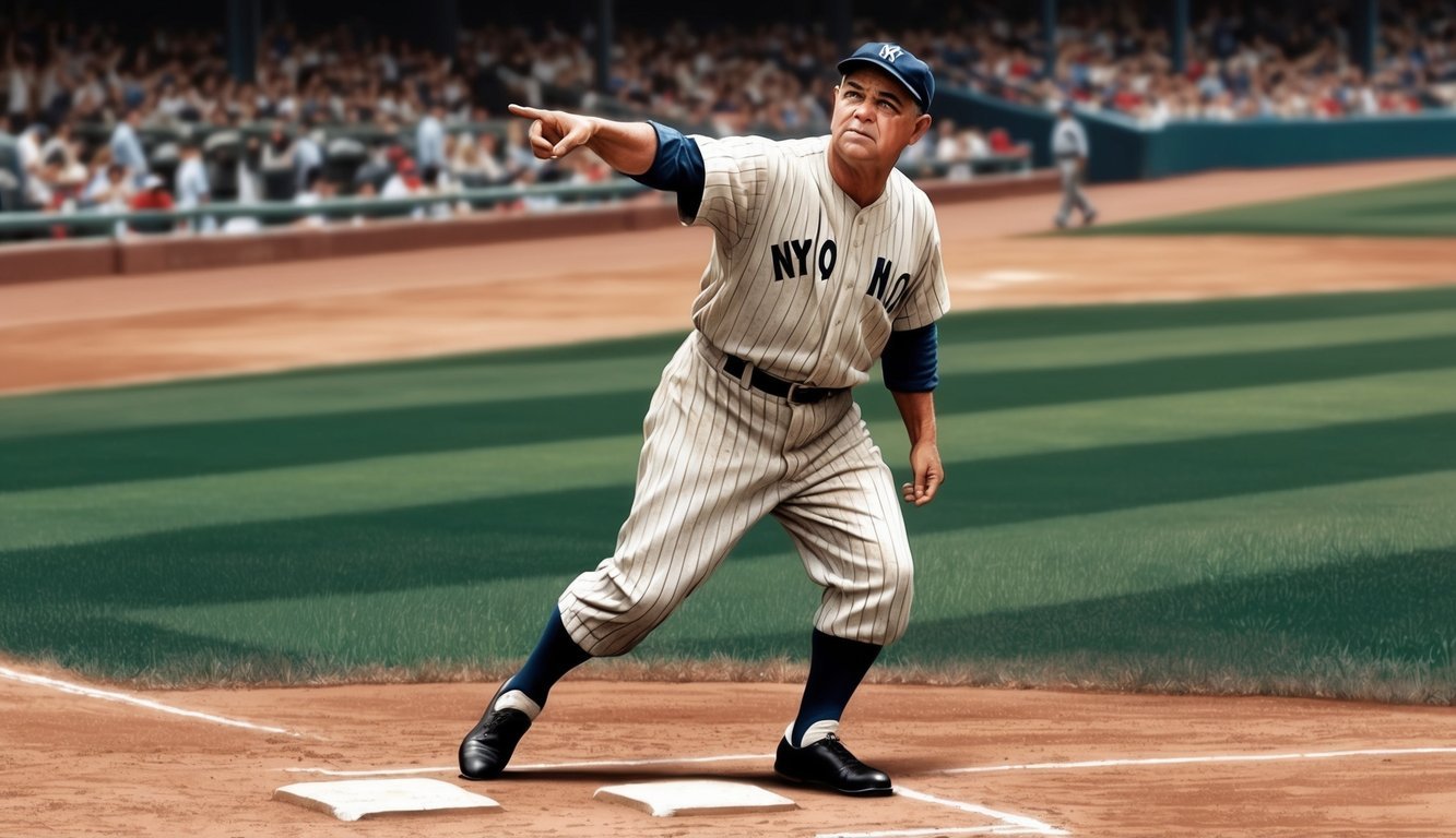 Babe Ruth pointing confidently towards the outfield from home plate