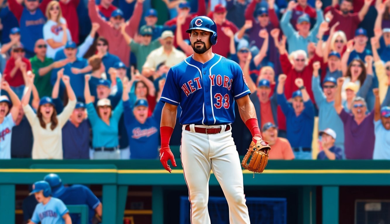 Baseball player in blue uniform with crowd cheering in the background