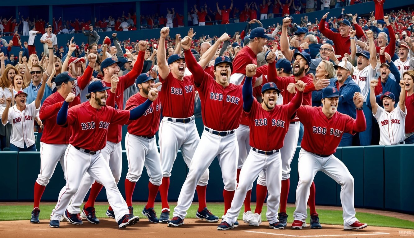 The Red Sox players and management celebrating a World Series victory with fans cheering in the packed stadium