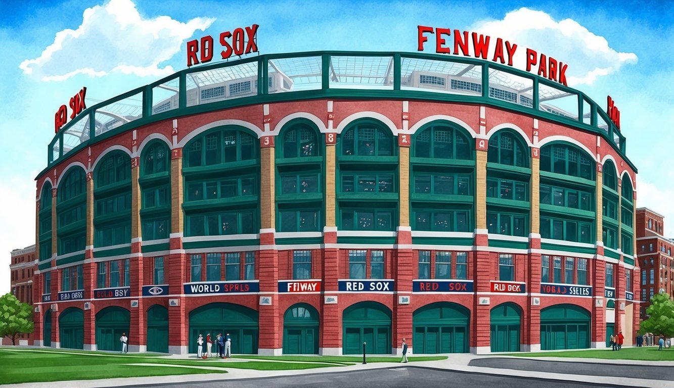 The iconic Fenway Park stadium, adorned in the Red Sox's signature colors, stands proudly as the historic home of multiple World Series victories