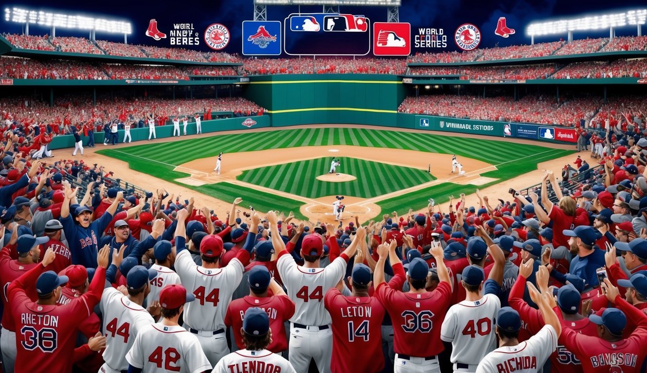 A baseball stadium packed with cheering fans as the Red Sox celebrate winning the World Series, surrounded by rival teams