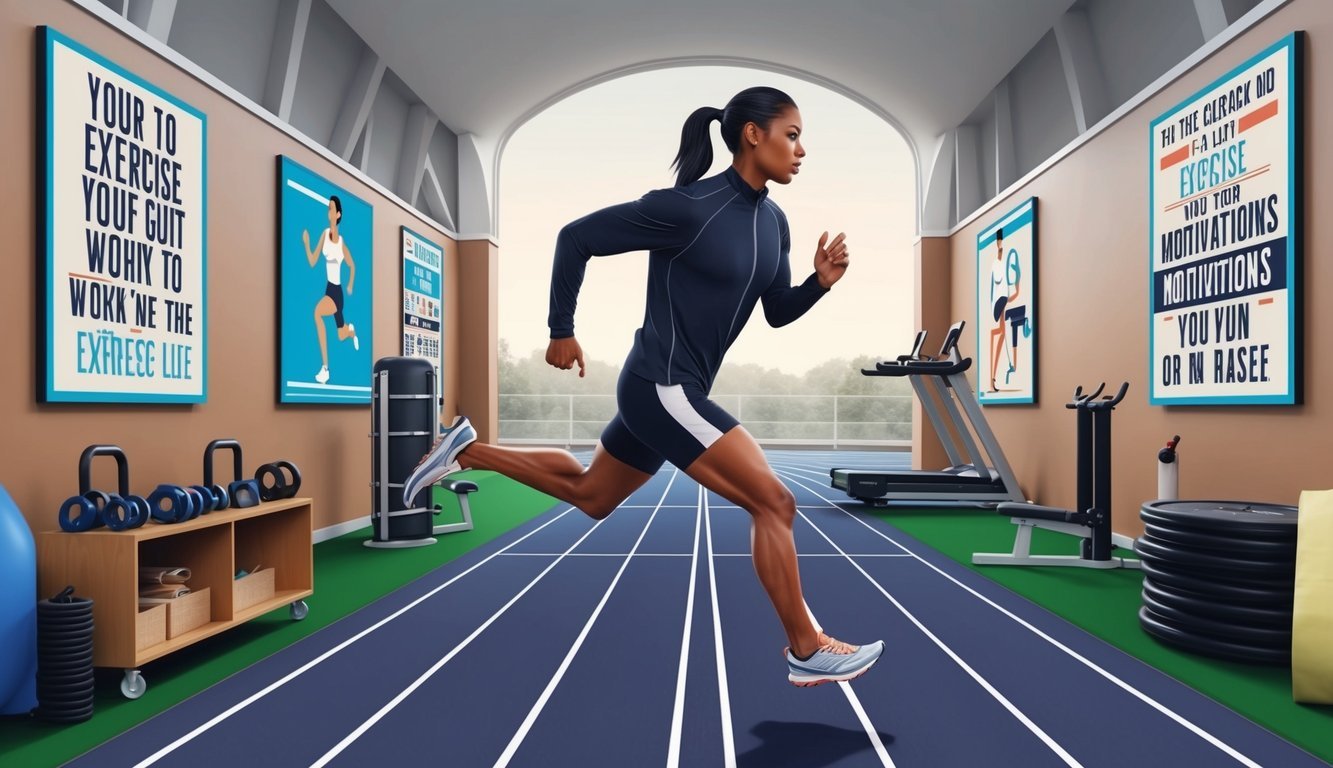 A figure running on a track, surrounded by exercise equipment and motivational posters