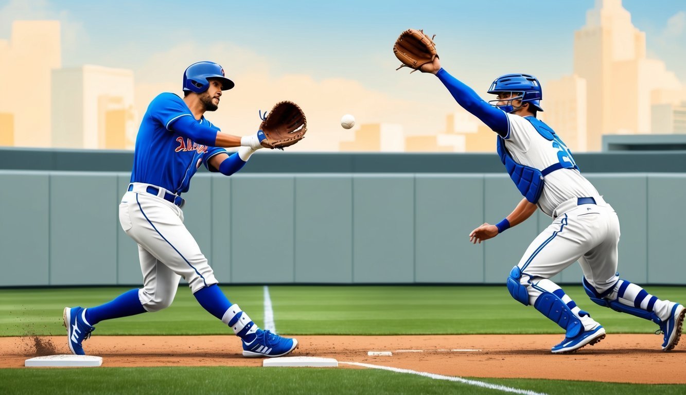 Two baseball players in blue uniforms catching a ball on a field
