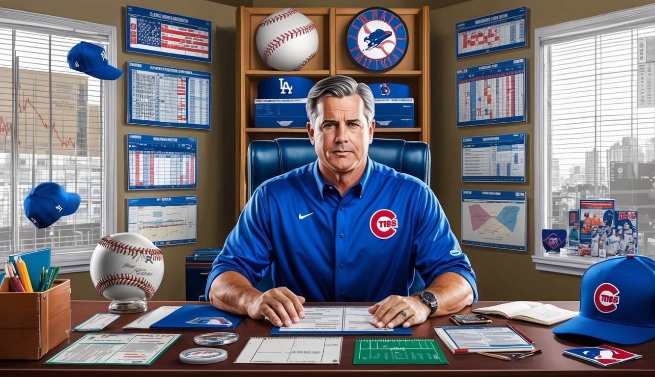 A baseball GM strategizing in an office, surrounded by charts, statistics, and team memorabilia