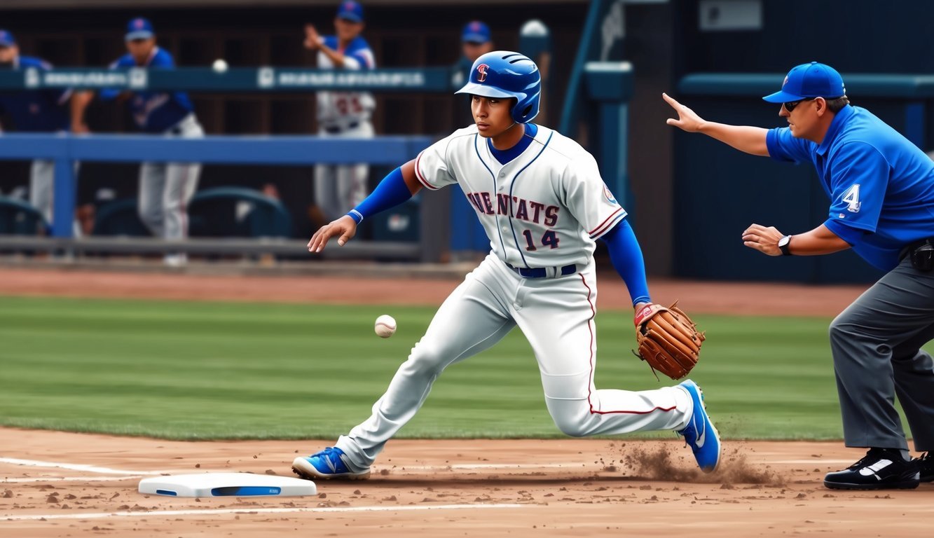 A baseball player rounds third base, eyes on the ball, coach signaling from the dugout