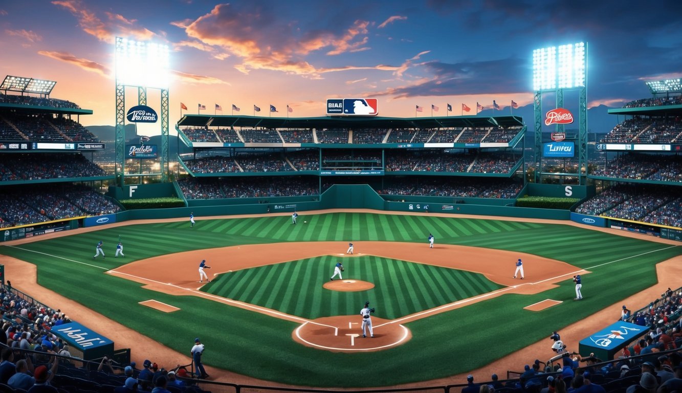 A baseball game in progress, with players on the field, fans in the stands, and the stadium lights illuminating the evening sky