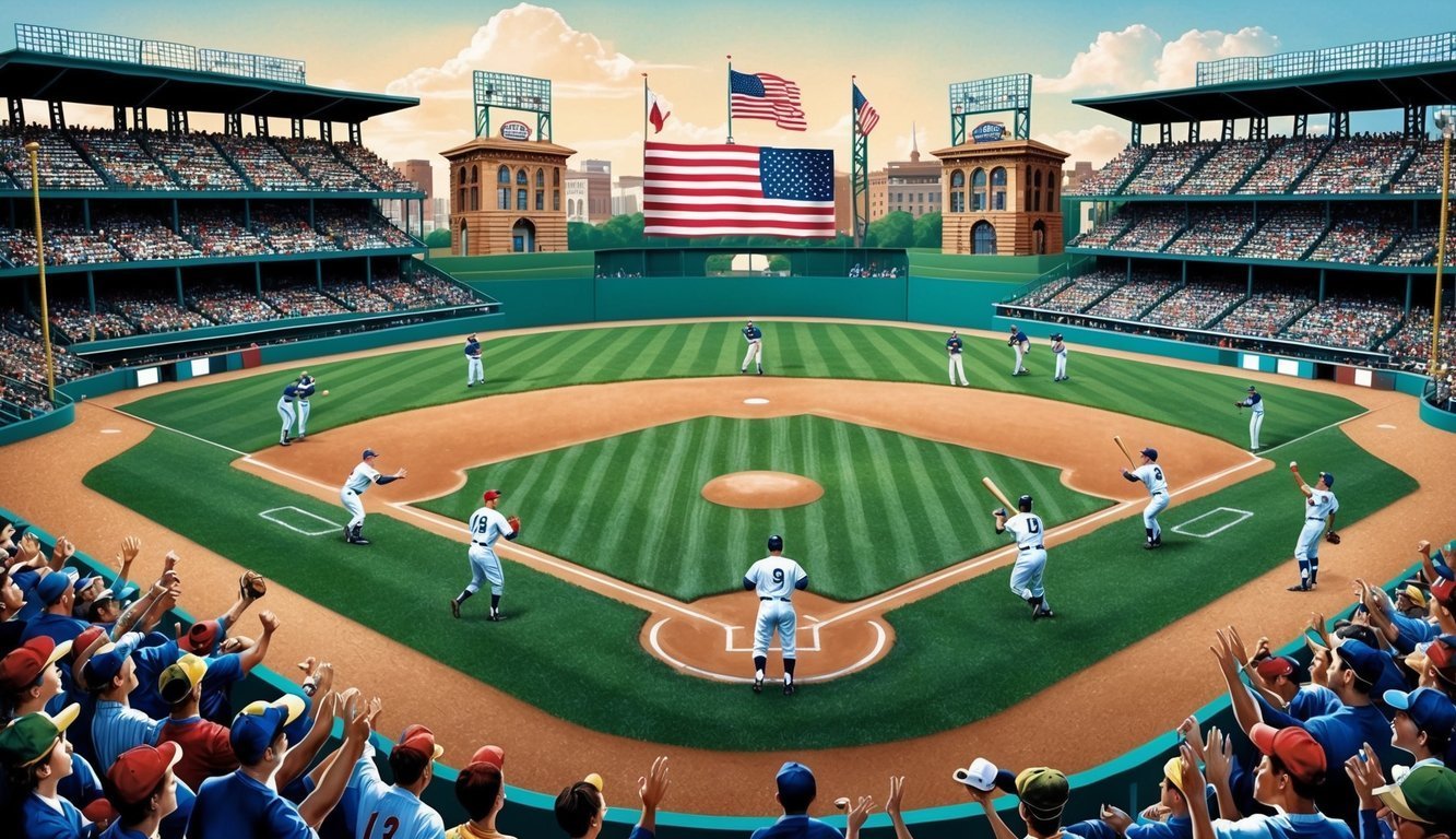 Baseball game in a stadium with players, fans, and American flags