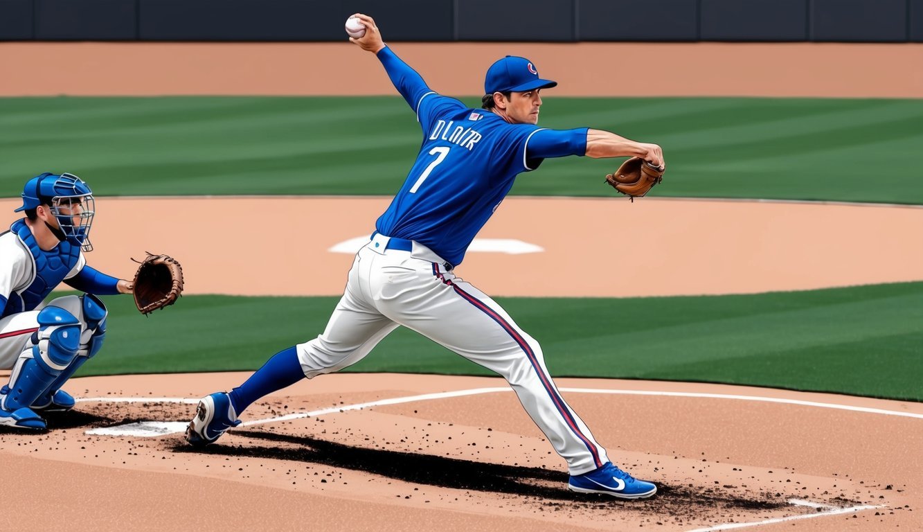 A baseball pitcher on the mound, releasing the ball as a radar gun sits behind the catcher, capturing the speed of the pitch