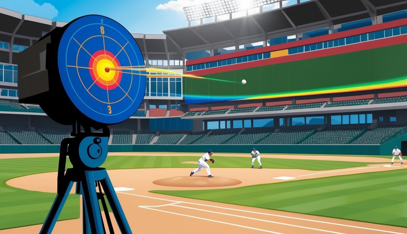 A baseball radar gun in use, capturing the speed of a pitched ball on a sunny day at the stadium