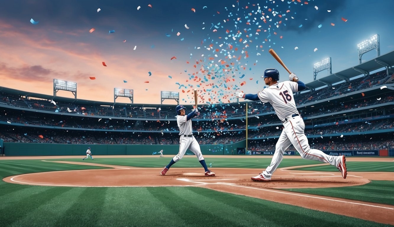 Baseball players celebrating a home run with confetti in a stadium