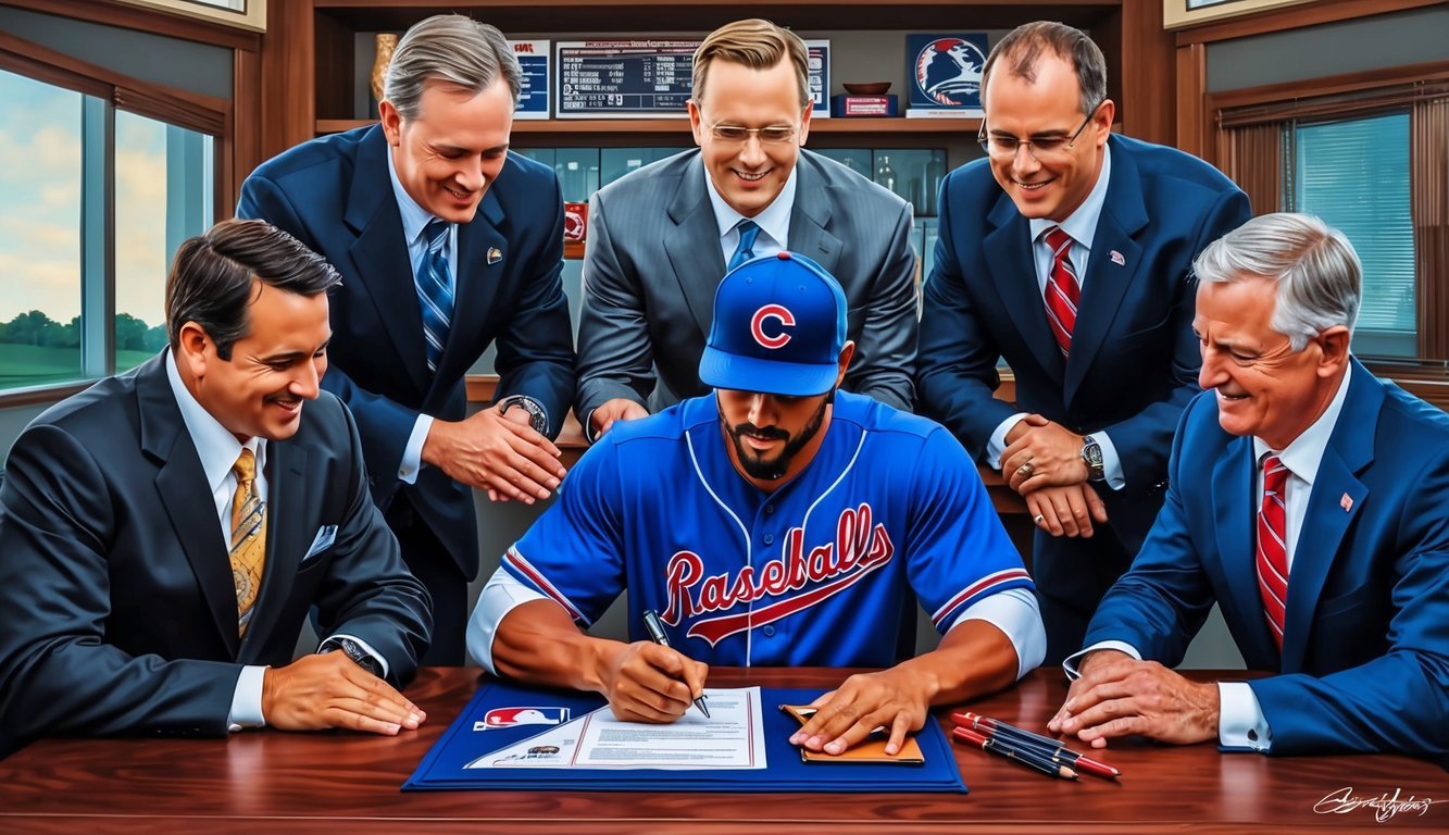 A baseball player signing a lucrative contract with team executives and agents present